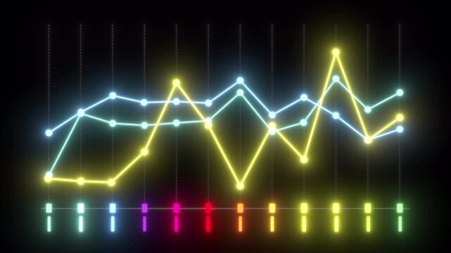 looping glowing linear graph with three colored lines and jumping points, deep glow, alpha background