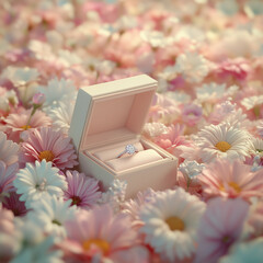 Romantic engagement ring in an open box nestled among pastel daisies, evoking love, commitment, and the beauty of a memorable proposal setting