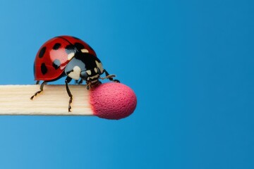 Obraz premium Close-up of a ladybug perched on the tip of a matchstick against a blue background, showcasing the intricate details of its vibrant body and delicate features during midday