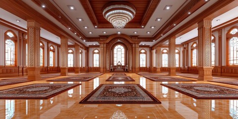Obraz premium Luxurious mosque interior design, prayer hall, wooden architecture, sunlight