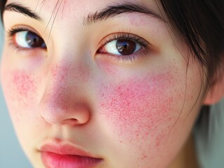 Obraz premium Close-up of a young woman showcasing her natural beauty and rosy cheeks while looking directly into the camera with a serene expression