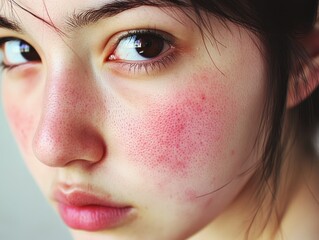 Naklejka premium Young woman with redness on her cheeks looking directly at the camera while showcasing a natural, unfiltered expression in soft lighting