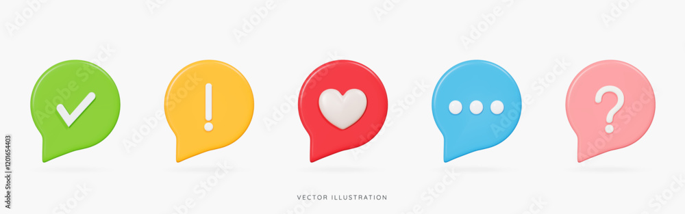 Poster 3d speech bubble icon set in different colours with check, examination, question marks and heart. so