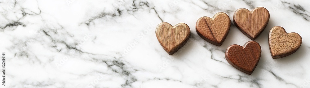Poster small wooden hearts are arranged on a smooth marble surface illuminated by soft natural light, creat