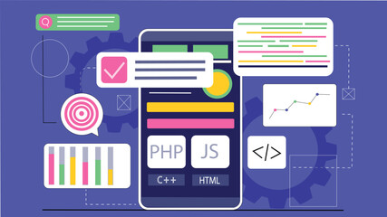 App Development Illustration Concept with Code Snippets and Data Charts A laptop displaying a mix of code snippets and graphs, with developers collaborating in the background.