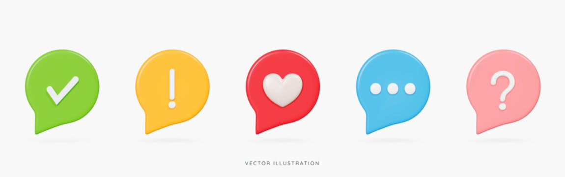 3D Speech bubble icon set in different colours with check, examination, question marks and heart. Social media message and communication. Cartoon design icons isolated on white. 3D Vector illustration