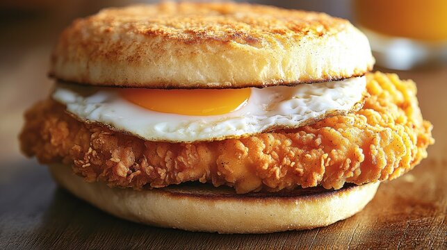 Delicious breakfast sandwich with crispy chicken, fried egg, and toasted biscuit served on a wooden table