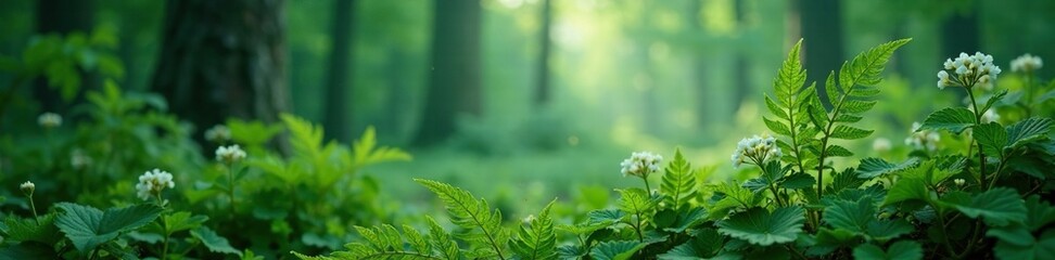 Ferns with delicate white blooms in the misty forest air, foliage, forest
