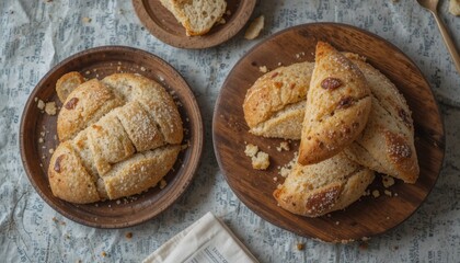 Fototapeta premium Rustic wooden plates serving artisanal bread