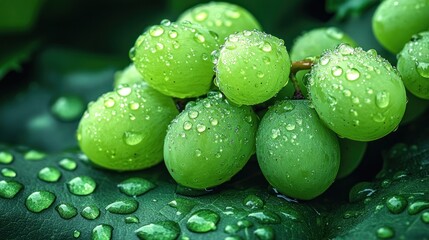 Close-up of dew-covered green grapes on a vine leaf.