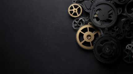 Obraz premium Dark Background with Intricate Arrangement of Metallic Gears in Gold and Black, Symbolizing Mechanisms, Engineering, and Complex Systems for Design and Creative Concepts