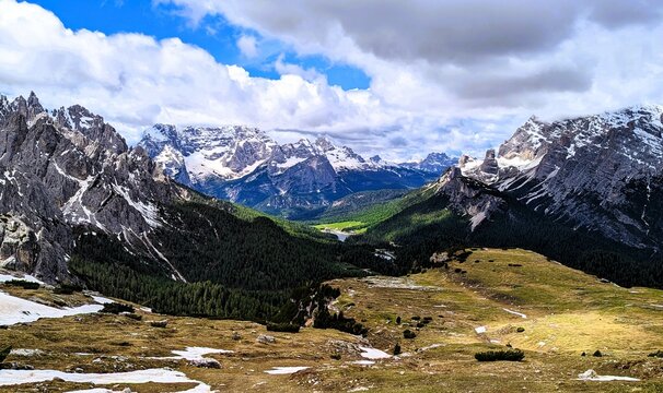 Panoramic view from Prato Piazza over the Cristallo Group and Croda Rossa d'Ampezzo, Dolomites, Italy
