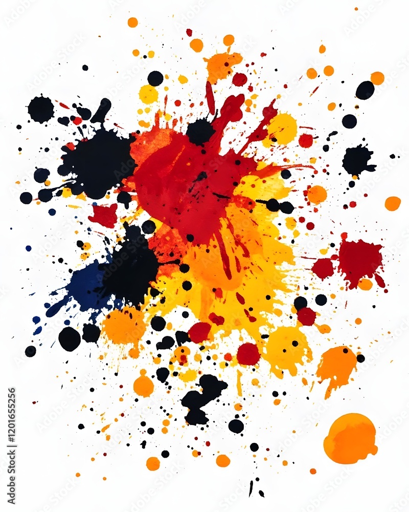 Poster abstract colorful paint splatter design with vibrant hues and dynamic shapes.