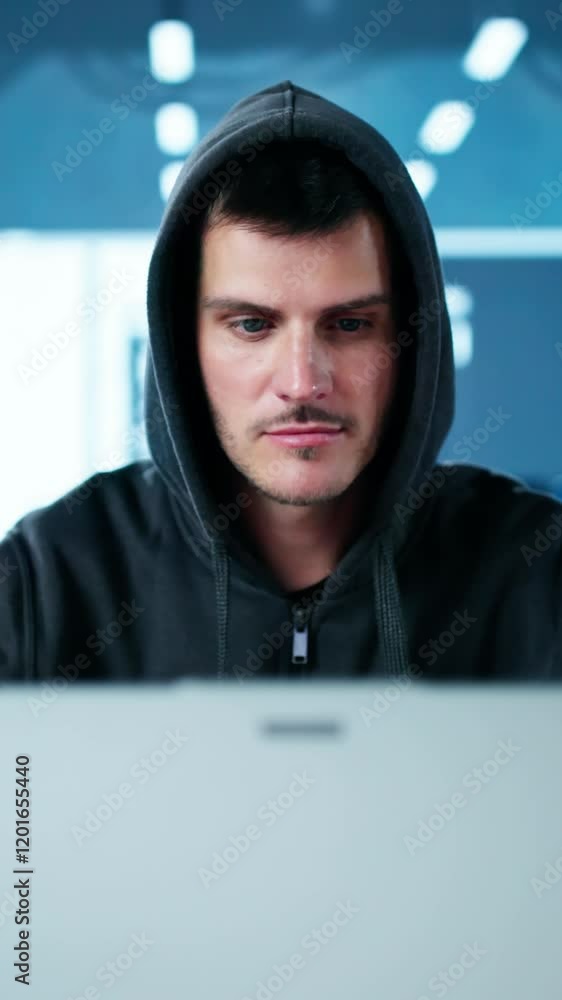 Poster cyber security risk. thief man hacking