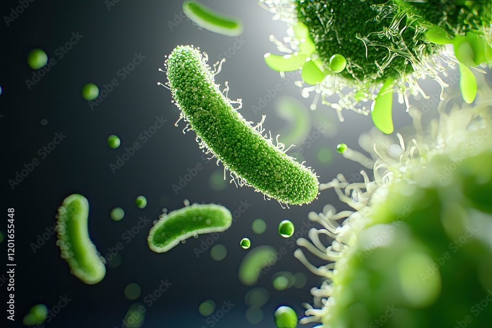 Poster artistic interpretation of a microscope capturing high magnification of algae cells, neutral backdro