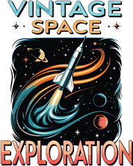 Create a vintage space exploration poster in the style of 1960s science fiction, featuring a rocket launching towards a starry sky with bold typography and futuristic imagery.
