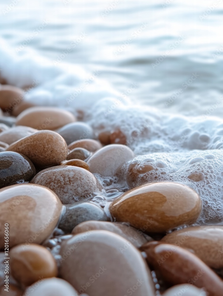 Poster Close up view of smooth beach pebbles with gentle waves washing over them at sunset on a tranquil shore. Generative AI