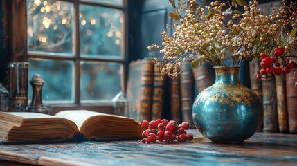 Vintage books and decorative vase on a rustic wooden table