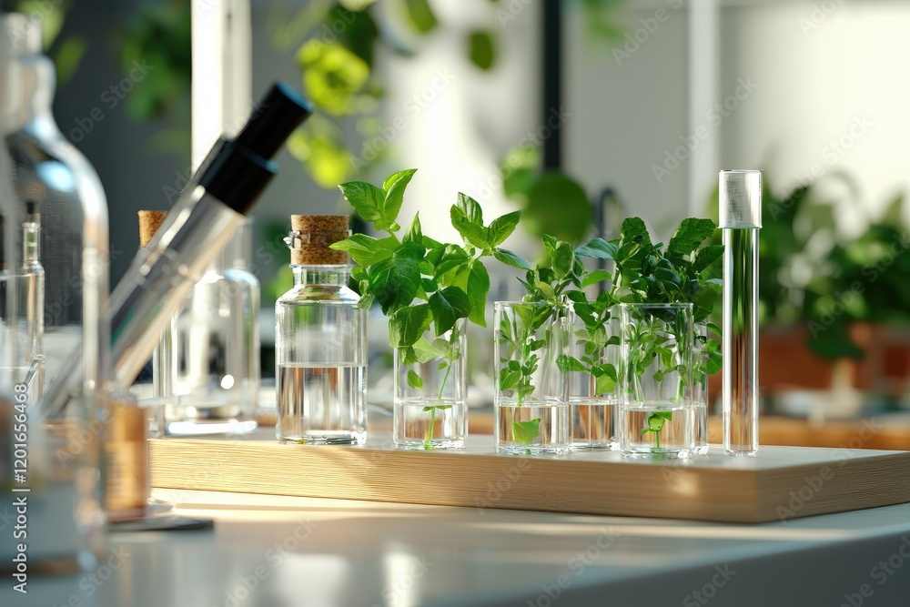 Poster microscope studying microscopic organisms in a lab setting, clear glass slides and pipettes