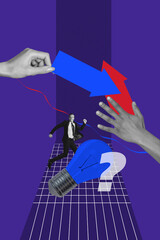 Creative trend artwork design 3D collage sketch of two hands hold arrow point direction idea lamp creative question think young man run