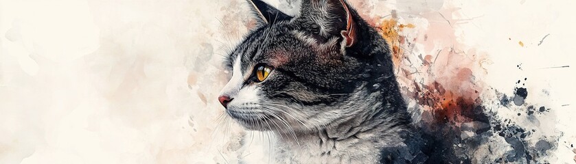 This artwork features a cat depicted through mixed media techniques, blending soft watercolor washes with striking acrylic details. The minimalist background complements the stylish design
