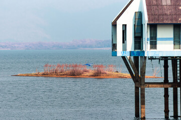 An infrared style, a blue and white structure built on stilts over water with a small island