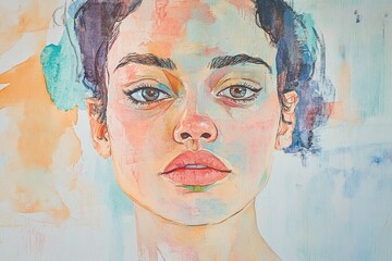 A captivating portrait of a woman features soft watercolor washes complemented by bold acrylic accents