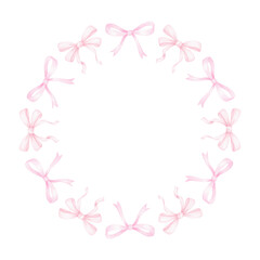 cute festive bows. Watercolor round frame on white background for textile, wrapping paper. Cute children's illustration in pastel colors