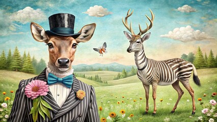 Obraz premium Vintage Graphic Style: Zebra & Deer in Clothes - Drone Aerial View