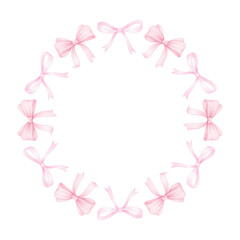 cute festive bows. Watercolor round frame on white background for textile, wrapping paper. Cute children's illustration in pastel colors