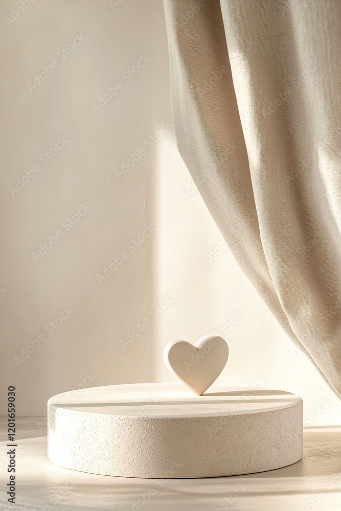 Poster soft beige and cream tones highlight a modern abstract podium made of matte clay. a small heart acce
