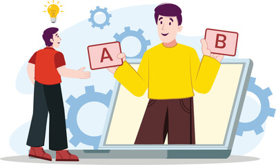 Obraz premium Online Survey A/B Testing Illustration with Gears Two screens showing different versions of a survey, connected by gears, representing the A/B testing process.