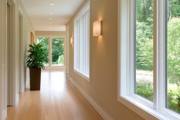 Obraz premium contemporary hallway featuring minimalist design elements and large windows, natural light focus