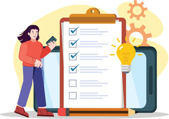 Online Survey Illustration Checklist Idea Form Survey Mobile A mobile device displaying a checklist survey form, surrounded by icons for ideas and user feedback.