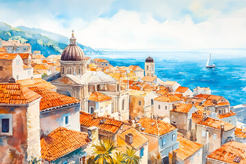 Fototapeta premium Paysage à l'aquarelle, ville au bord de l'eau