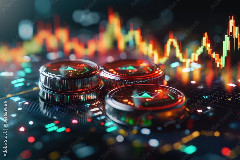 Poster abstract visualization of investment risk with colorful pie charts and data analysis tools on a flat