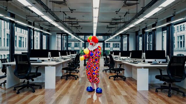 Colorful clown juggling multicolored balls in vacant corporate workspace, creating whimsical contrast between professional environment and playful performance