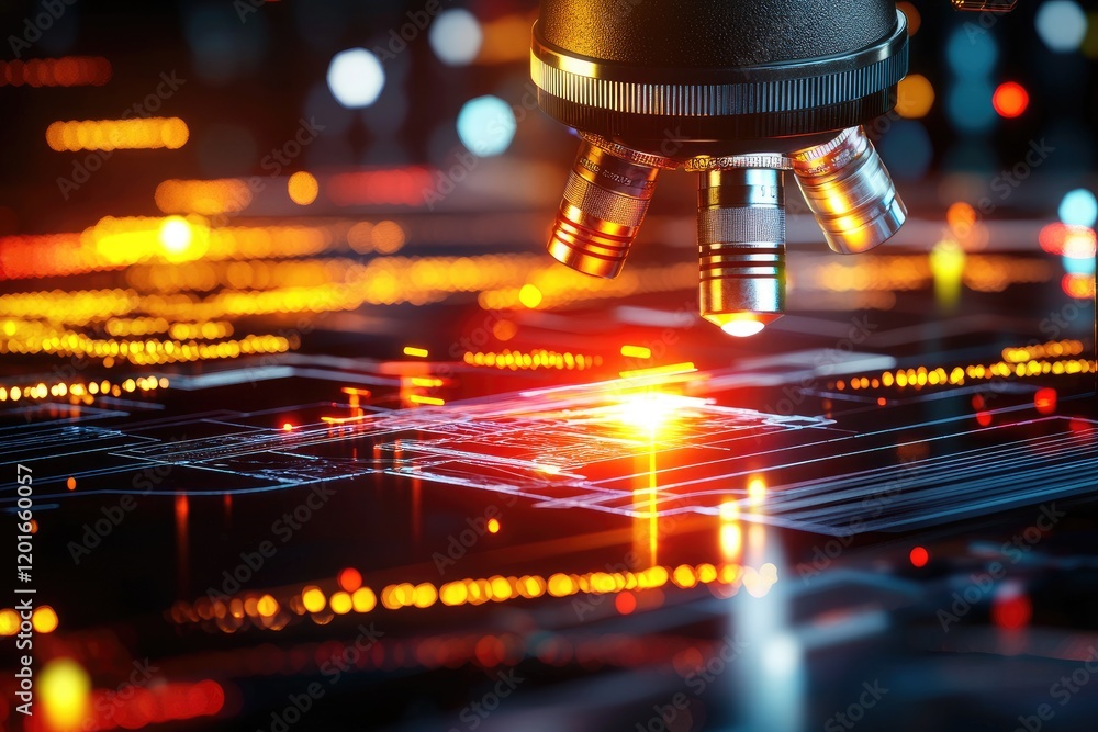 Poster forensic microscope with highlighted details of evidence, against a subtly blurred crime scene image