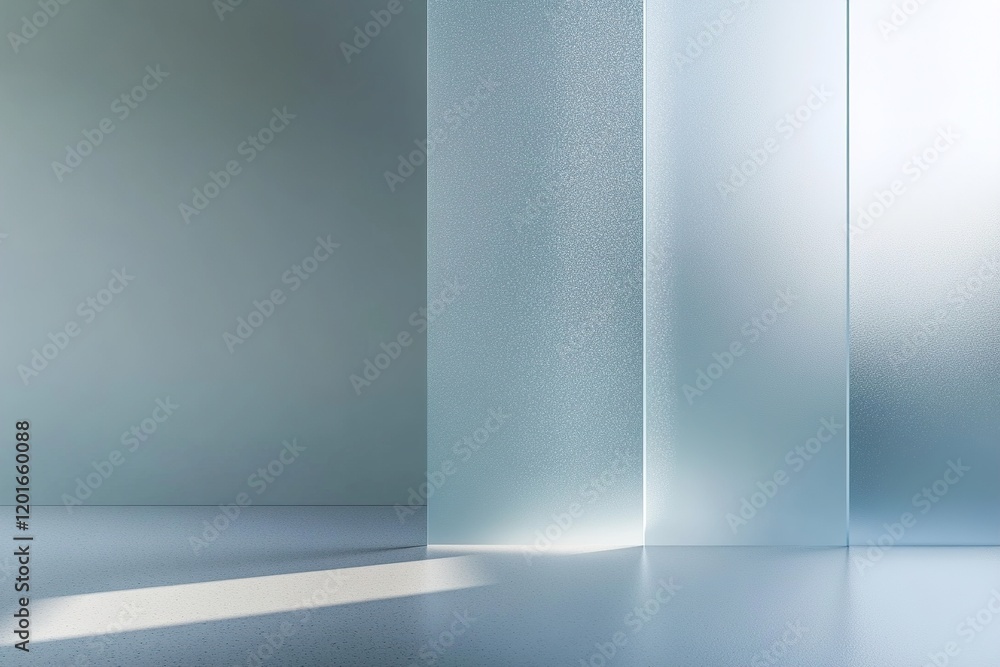 Poster a refined background features frosted glass surfaces reflecting soft light, set against a smooth neu