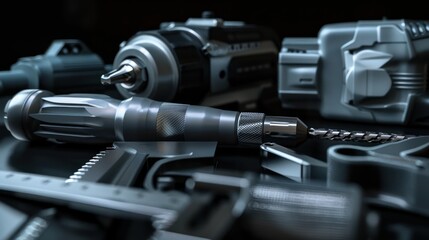 Naklejka premium A collection of electrical power tools—drill, hole puncher, carving saw, circular saw, and electric saw—displayed elegantly against a dark background, highlighting their sleek designs