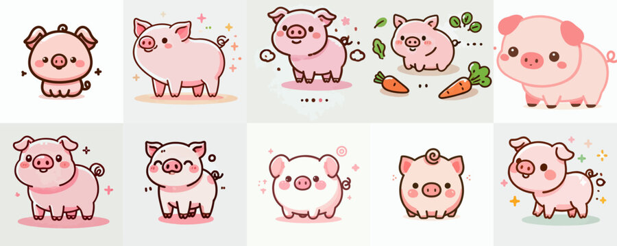 Fototapeta cartoon illustration set of cute pig