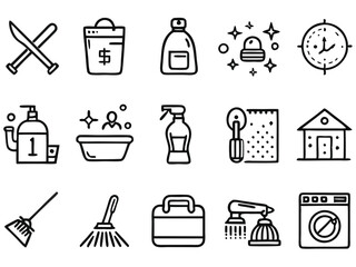Fototapeta premium Dusting cleaning vacuuming washing changing organizing related editable stroke outline icon set flat vector illustration on white background 