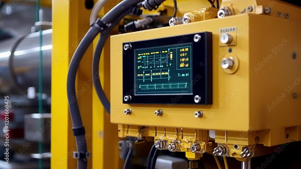 Poster electronic control panel showing fluctuating data on a digital screen in a factory environment, sugg