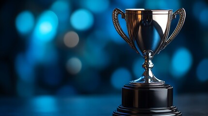 A Shiny Silver Trophy on a Dark Base Against a Blue Background