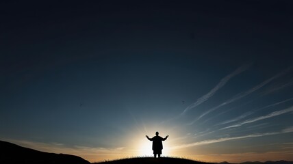 Silhouette of a people pray to the Allah on hill, Ramadhan kareem