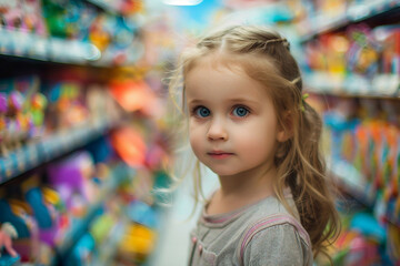 Generative AI image of a cheerful child enjoying a visit to a colorful toy store