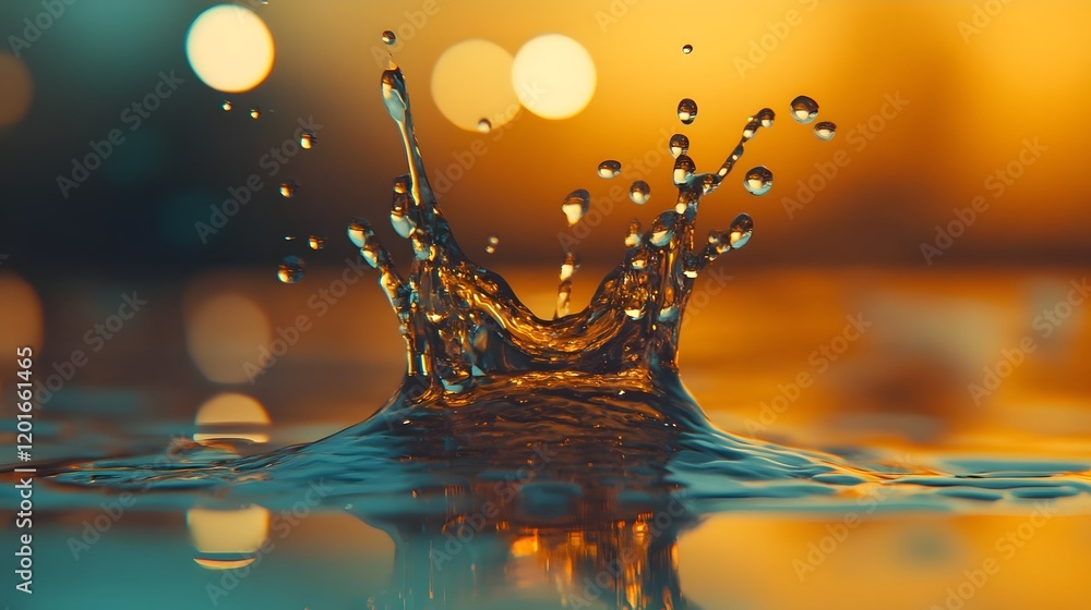 Poster a dynamic splash of water with vibrant colors and bokeh effects in the background.