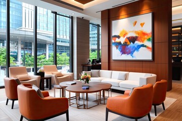 off to colleague in a modern shared workspace with collaborative seating and inspiring wall art