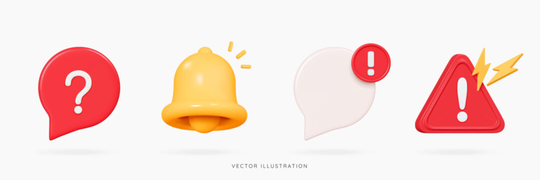 3D New important message icon set with bell, speech bubble, question and exclamation marks. Red danger notice. Reminder or notification. Cartoon design icons isolated on white. 3D Vector illustration