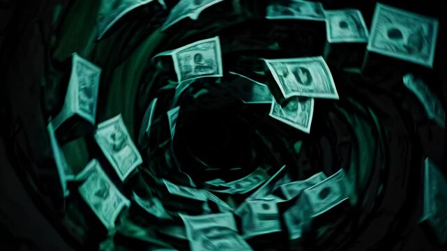 Financial instability visualized through green us dollar bills spiraling downward, disappearing into dark vortex representing economic recession, investment risk, and potential monetary collapse